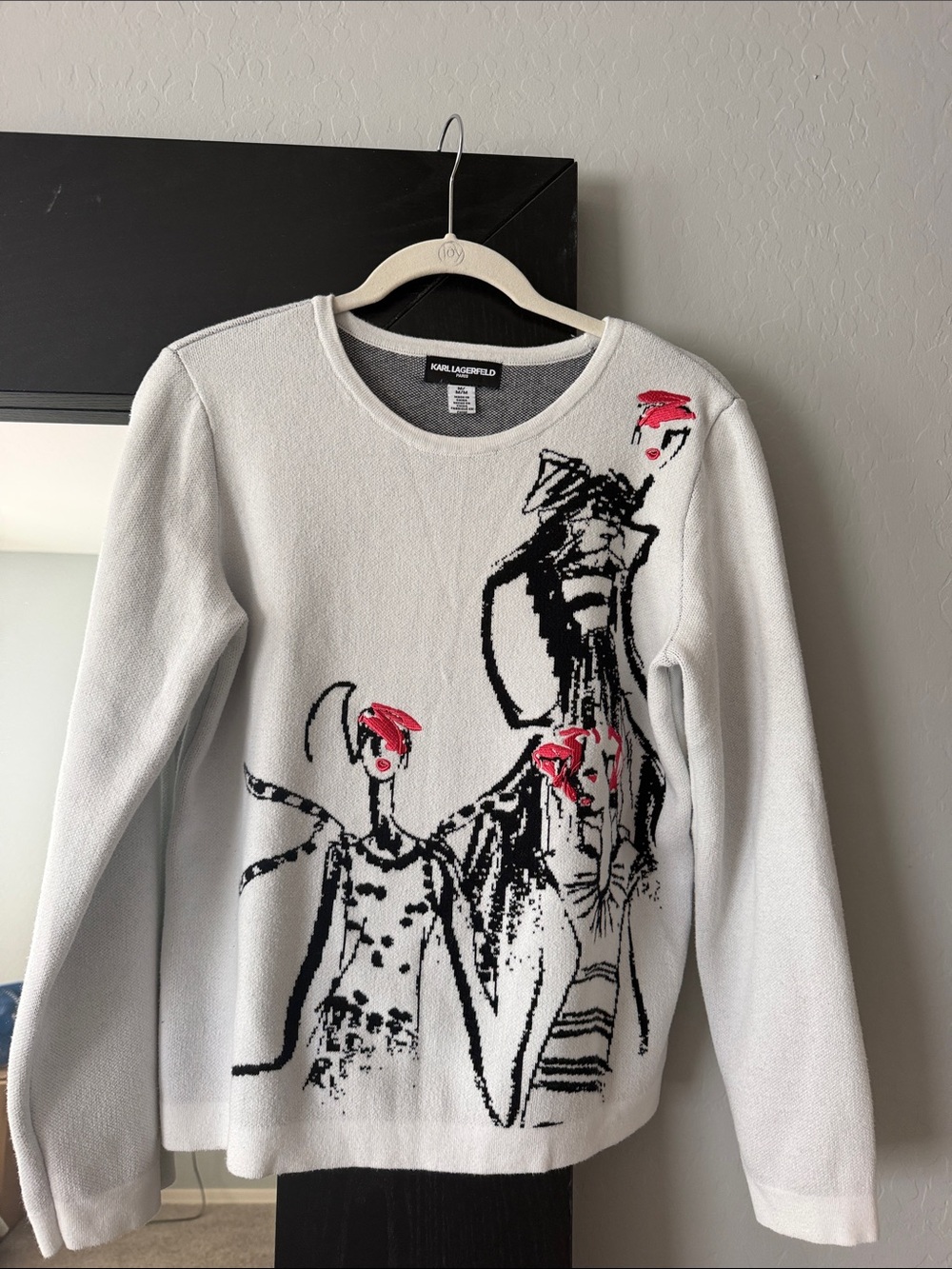 Karl Lagerfeld White Crewneck Sweater with Black Graphic and Pink Accents